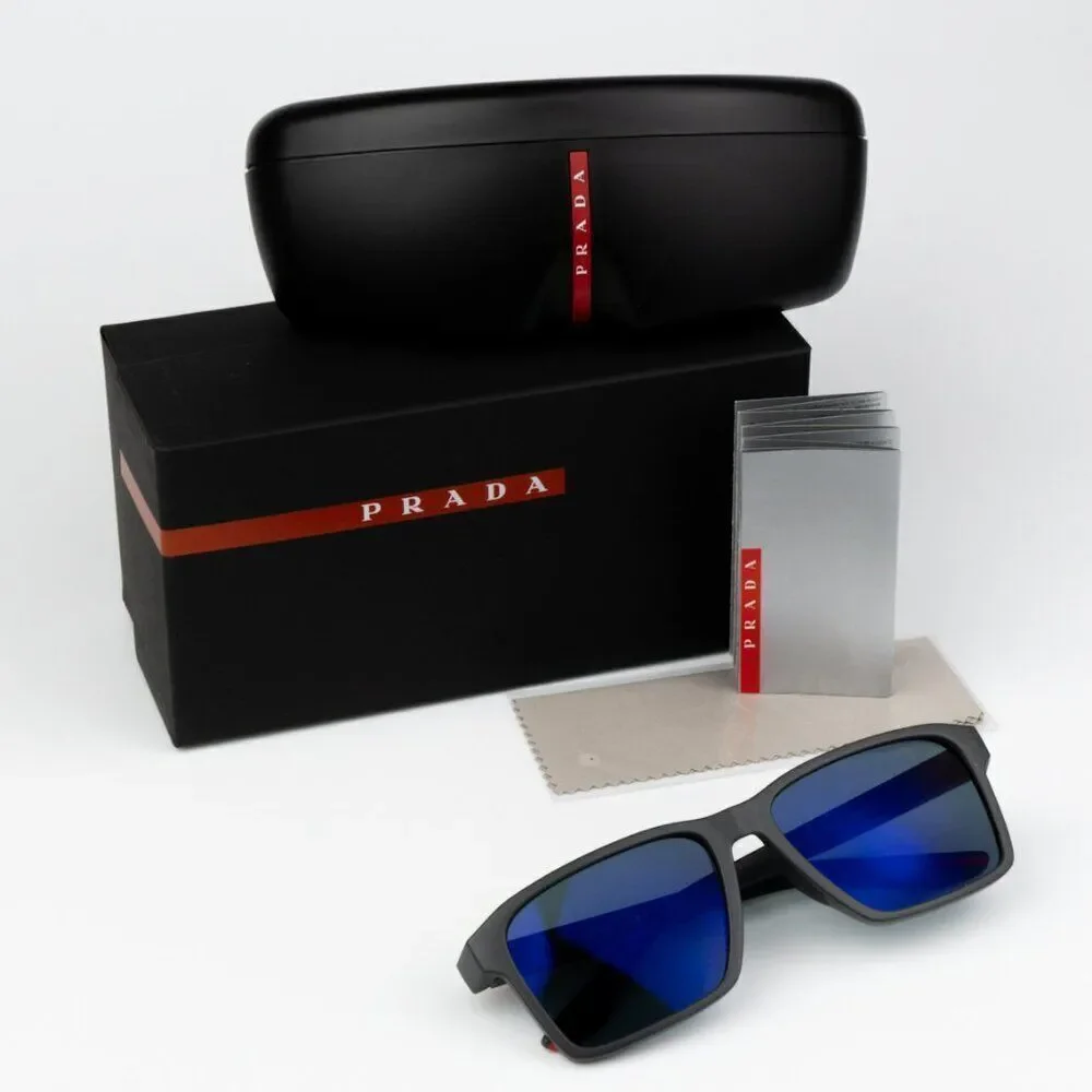 NEW Prada Linea Rossa PS05YS UFK05U Grey Rubber Blue Rectangle Unisex Sunglasses